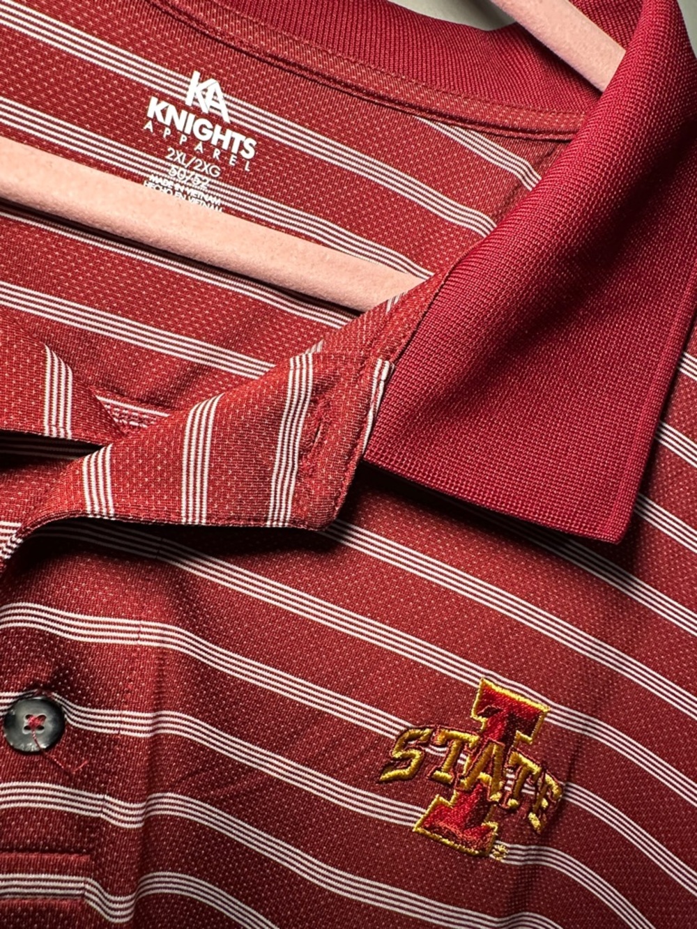 Iowa State Men's Striped Polo in Red Embroidered Logo - Picture 3 of 6